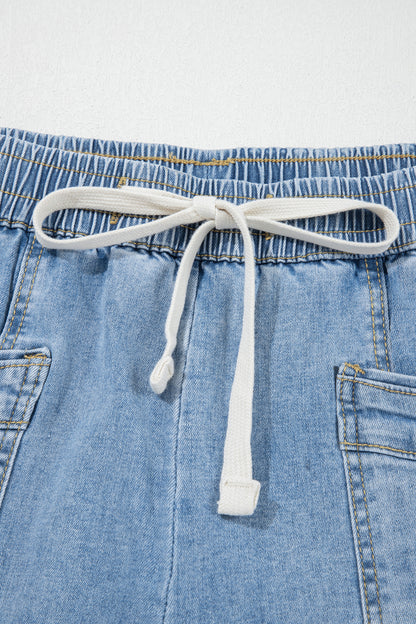 Light Wash Drawstring Wide Leg Jeans – High Rise Patch Pocket Denim