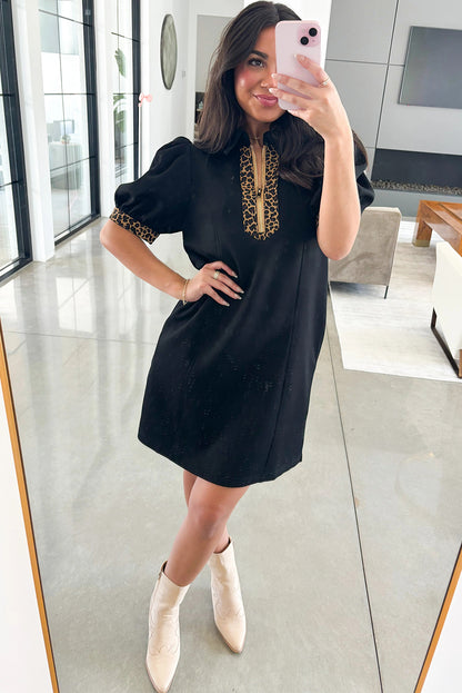 Black Leopard Patchwork Zip Collared Puff Sleeve Shift Mini Dress