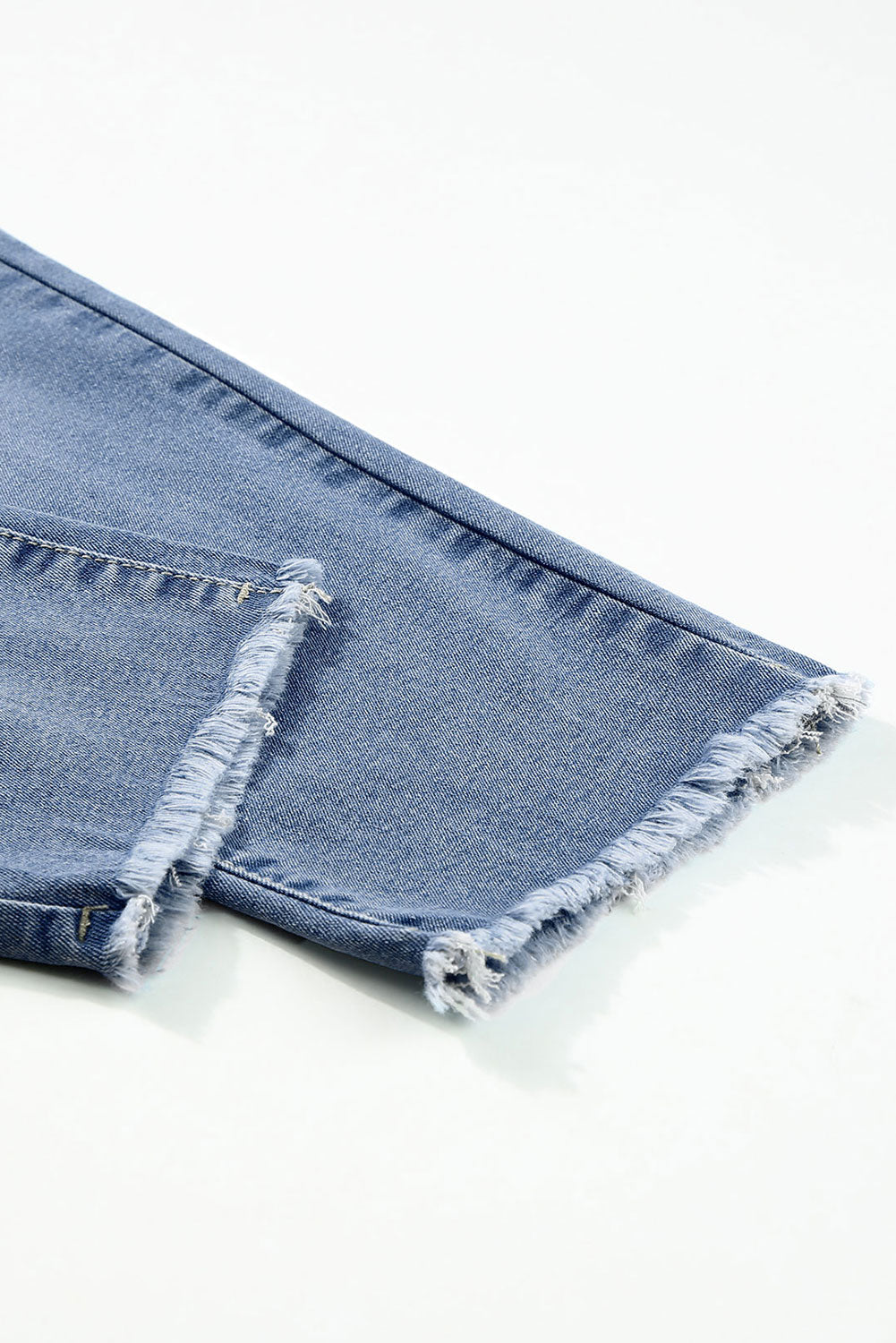 Light Wash Blue High Rise Double Button Straight Leg Jeans – Raw Hem Denim