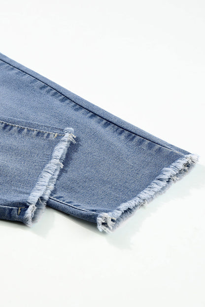 Light Wash Blue High Rise Double Button Straight Leg Jeans – Raw Hem Denim