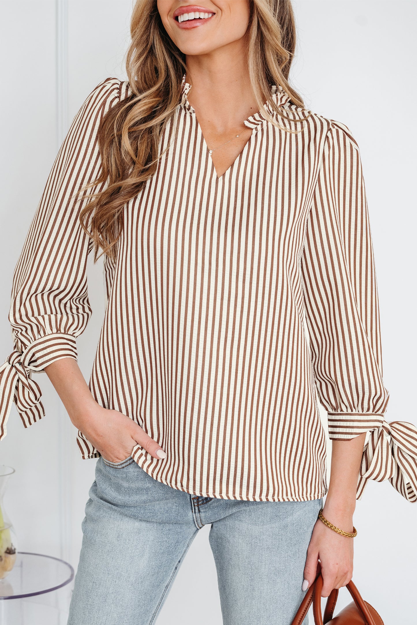 Striped Split Neck Blouse with Tied Cuffs