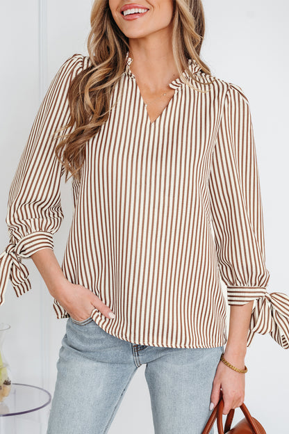 Striped Split Neck Blouse with Tied Cuffs