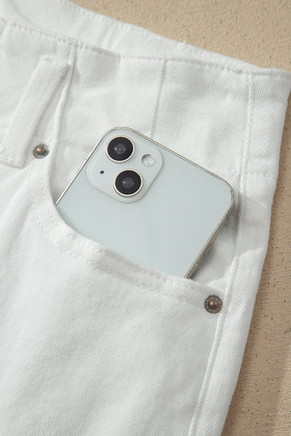 White high rise wide leg jeans with double-button waistband, front pockets and cropped hem.