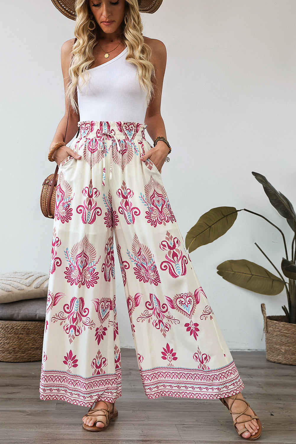 Rose Boho Printed Shirred High Waist Flowy Pants