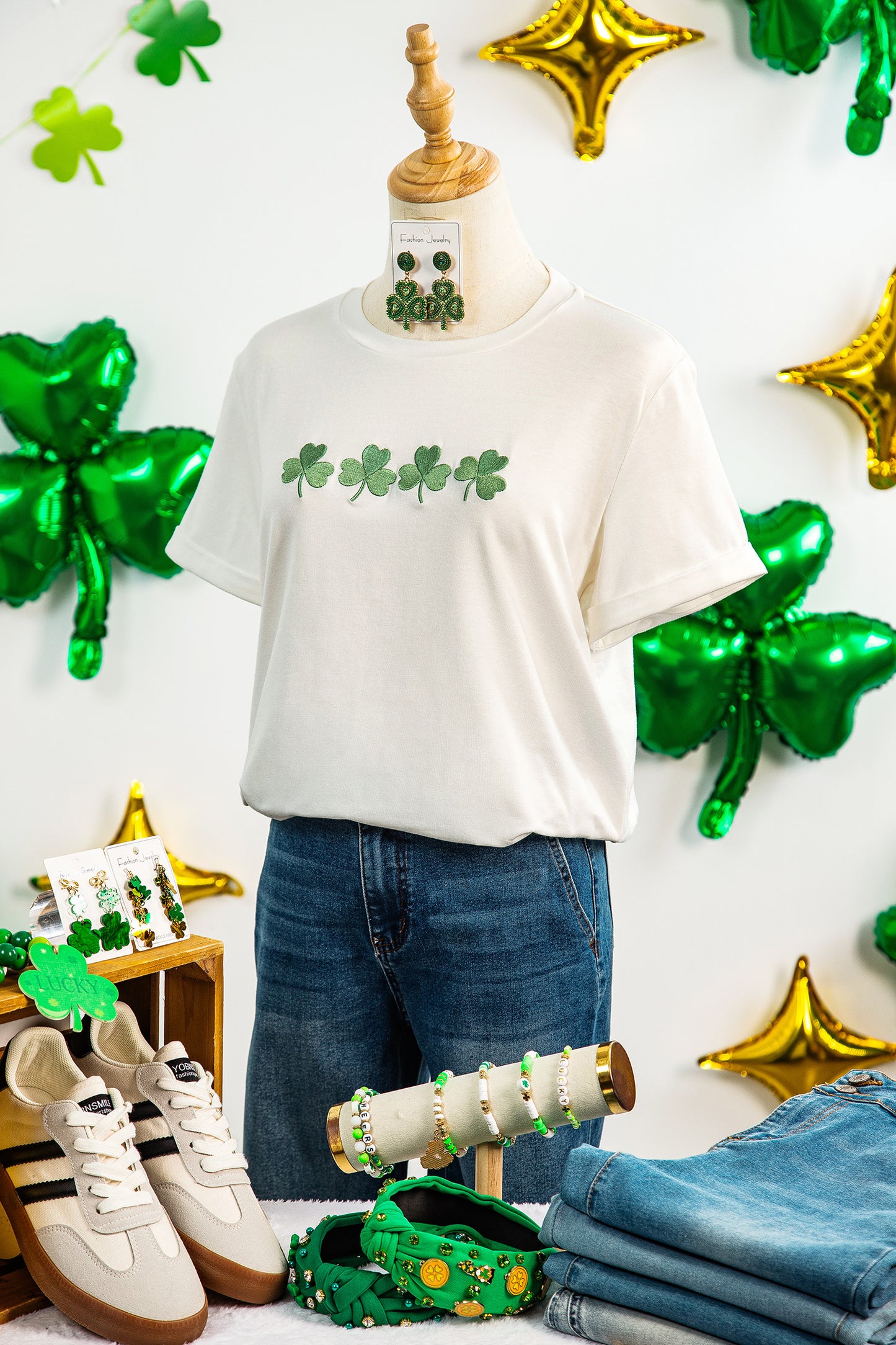 Embroidered Clover Tee – White St. Patrick’s Day Graphic Top