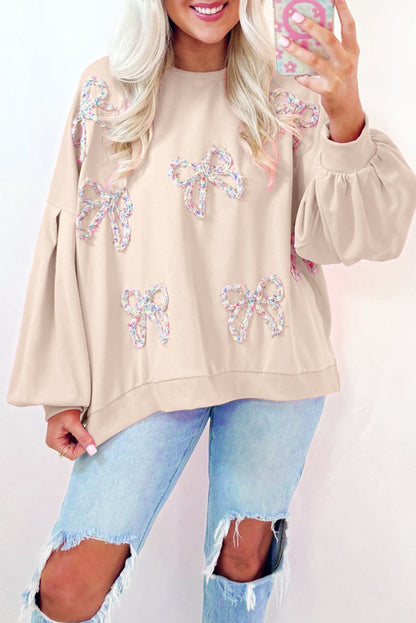 Light Pink Embroidered Bow Oversized Sweatshirt