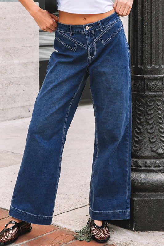 Stitched Waist Loose Cuffed High‑Rise Jeans