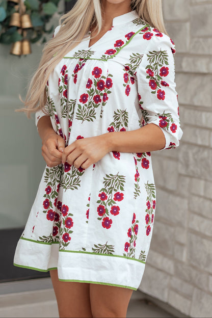 White Floral Frilled V-Neck Mini Dress