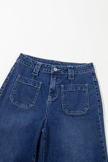 Medium Wash High Waist Wide Leg Patch Pocket Jeans – Relaxed Everyday Denim