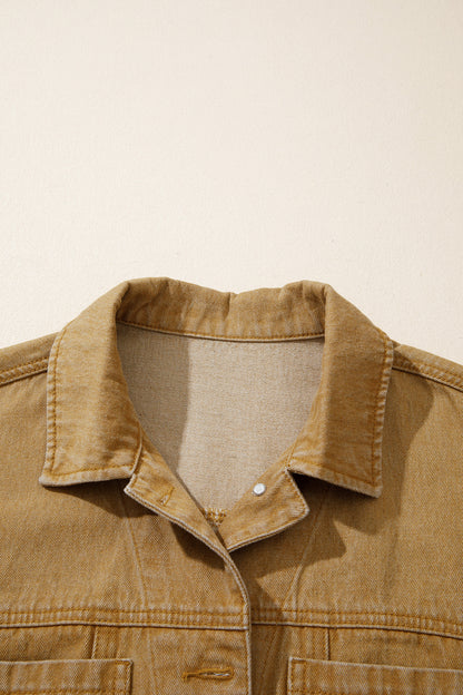Tan women's denim jacket with metal button front, collared neckline, long sleeves, patch pockets, and relaxed fit.