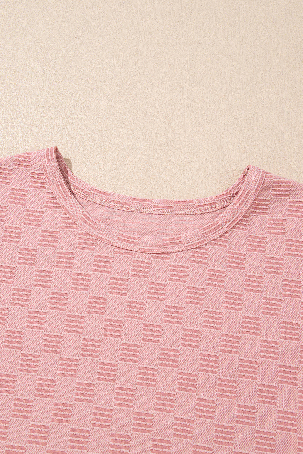 Apricot Pink Checkered Textured Round Neck Tee