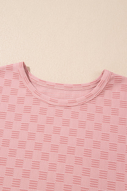 Apricot Pink Checkered Textured Round Neck Tee
