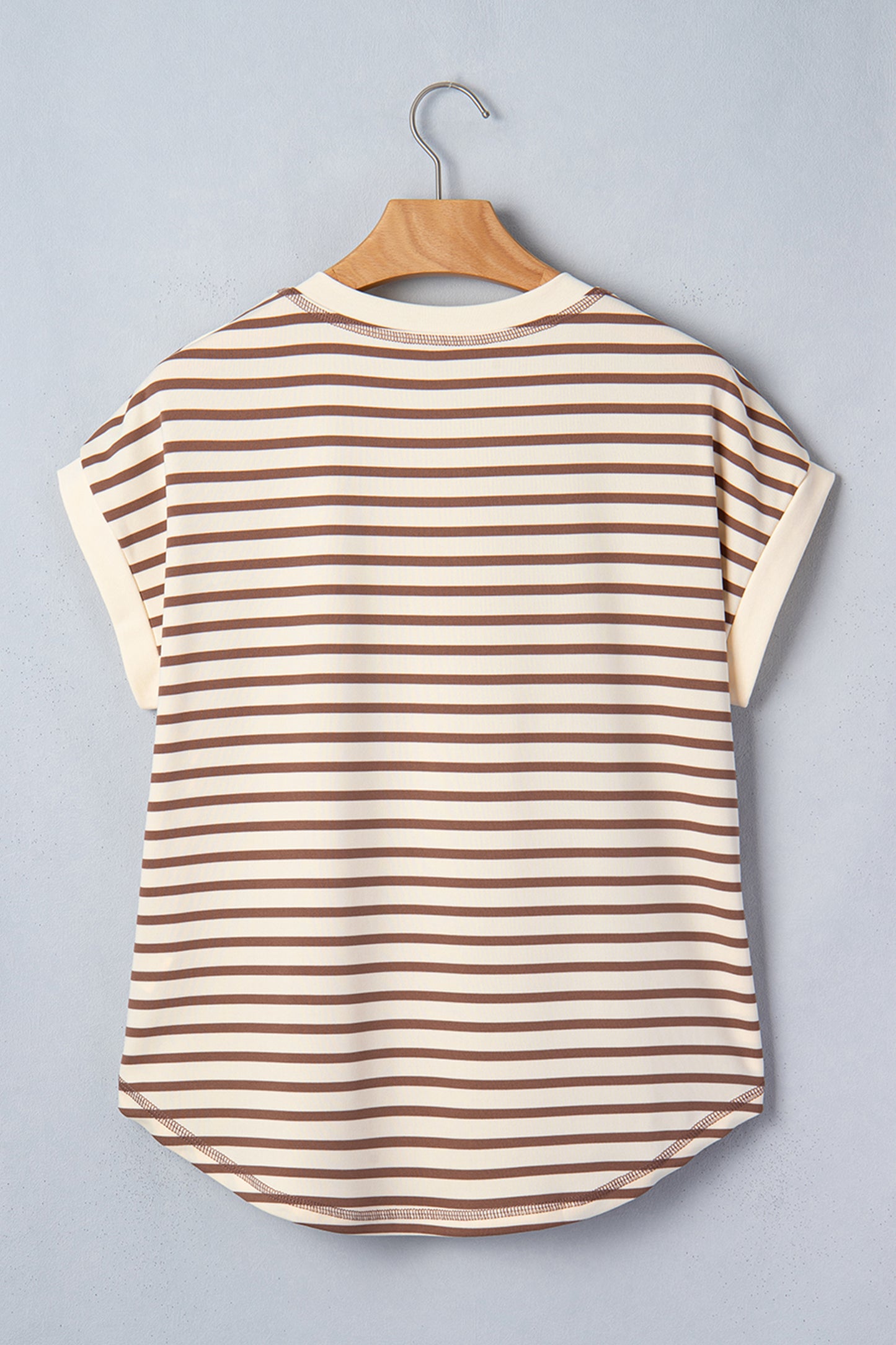 Cream Mocha Striped Henley Top – Short Sleeve Casual Blouse