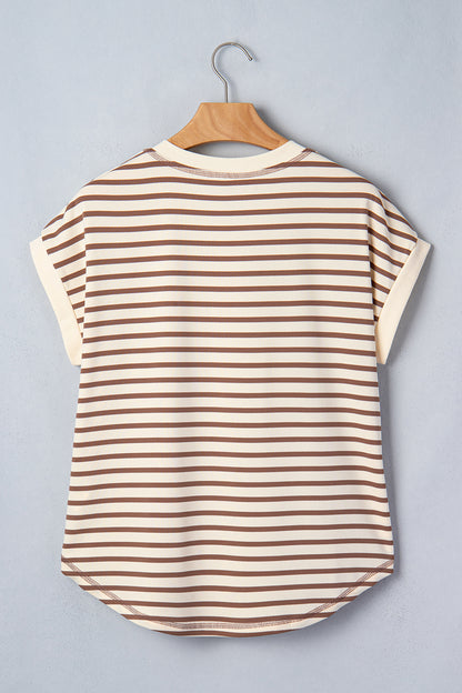 Cream Mocha Striped Henley Top – Short Sleeve Casual Blouse