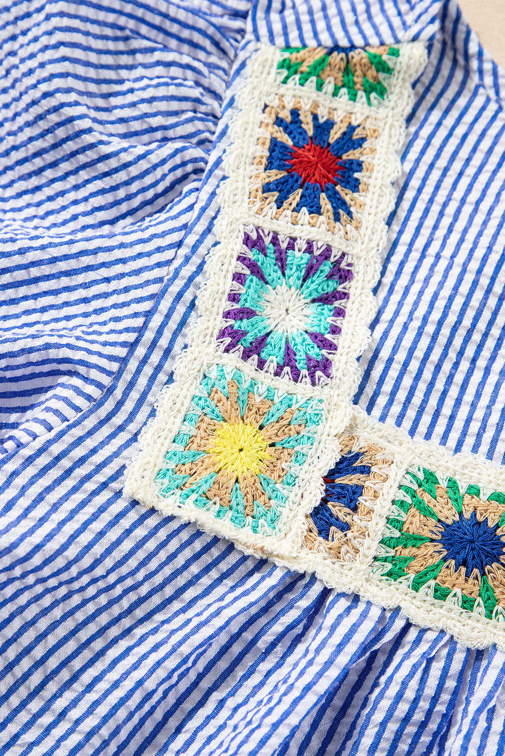 Striped Square Neck Embroidered Blouse – Casual Flutter Sleeve Top