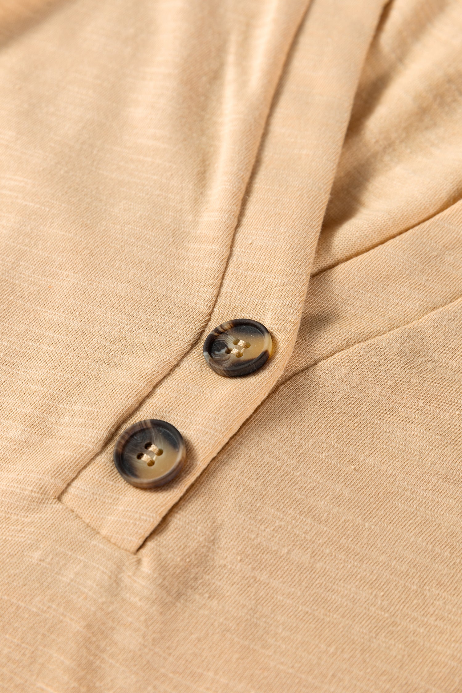 Soft Oatmeal split neck button detail long sleeve top with gathered cuff sleeves