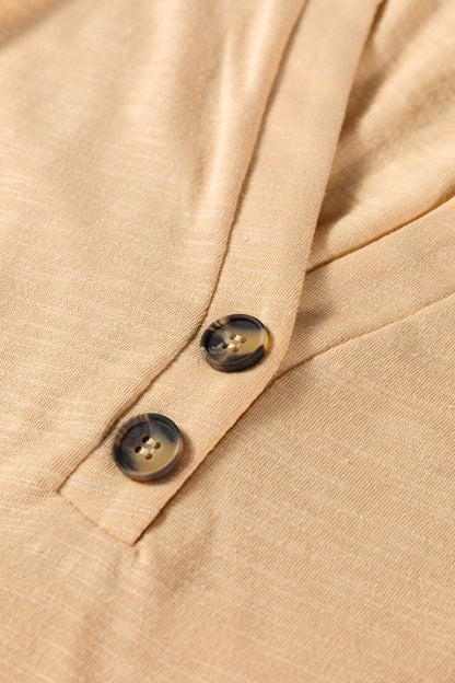 Soft Oatmeal split neck button detail long sleeve top with gathered cuff sleeves
