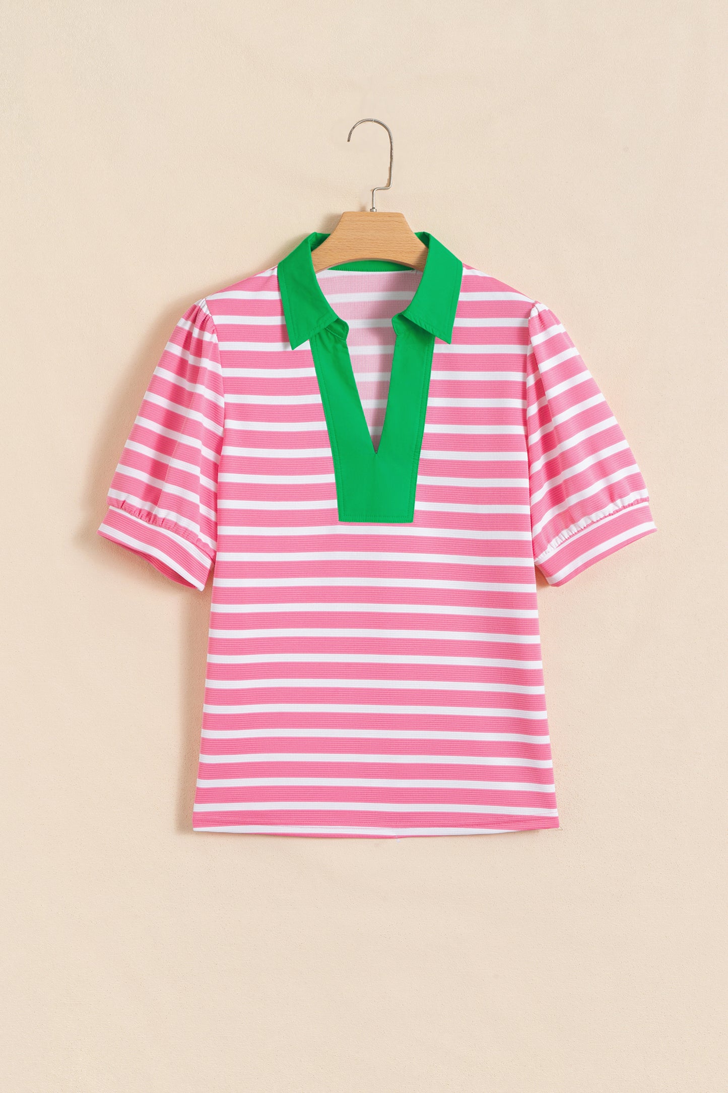 Pink Stripe Striped Contrast Collar Puff Sleeve Blouse