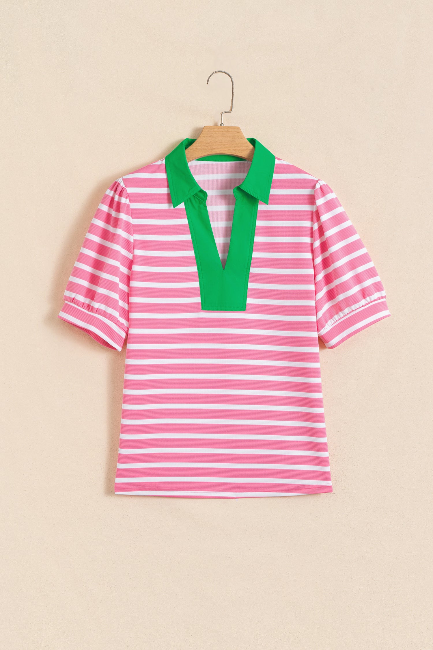 Pink Stripe Striped Contrast Collar Puff Sleeve Blouse