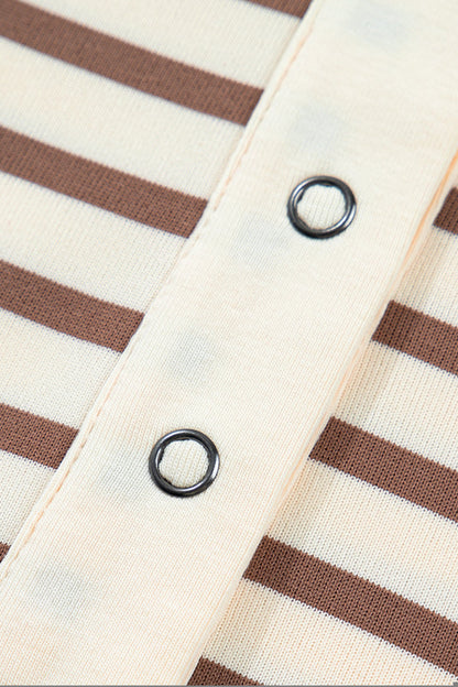 Cream Mocha Striped Henley Top – Short Sleeve Casual Blouse