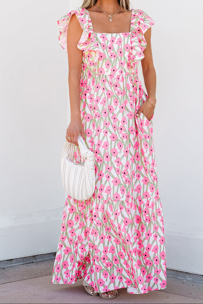 Willow Floral Square Neck Ruffle Sleeve Pocket Maxi Dress