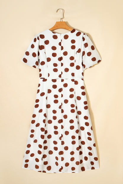 White Brown Polka Dot V-Neck Tie Waist Midi Dress