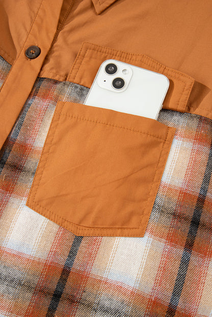 Caramel plaid tunic shirt dress with collared neckline, button front, chest pockets, long sleeves, and relaxed mini silhouette.