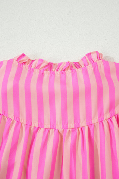 Bright Pink Striped Ruffle Sleeve Blouse – Casual Summer Top