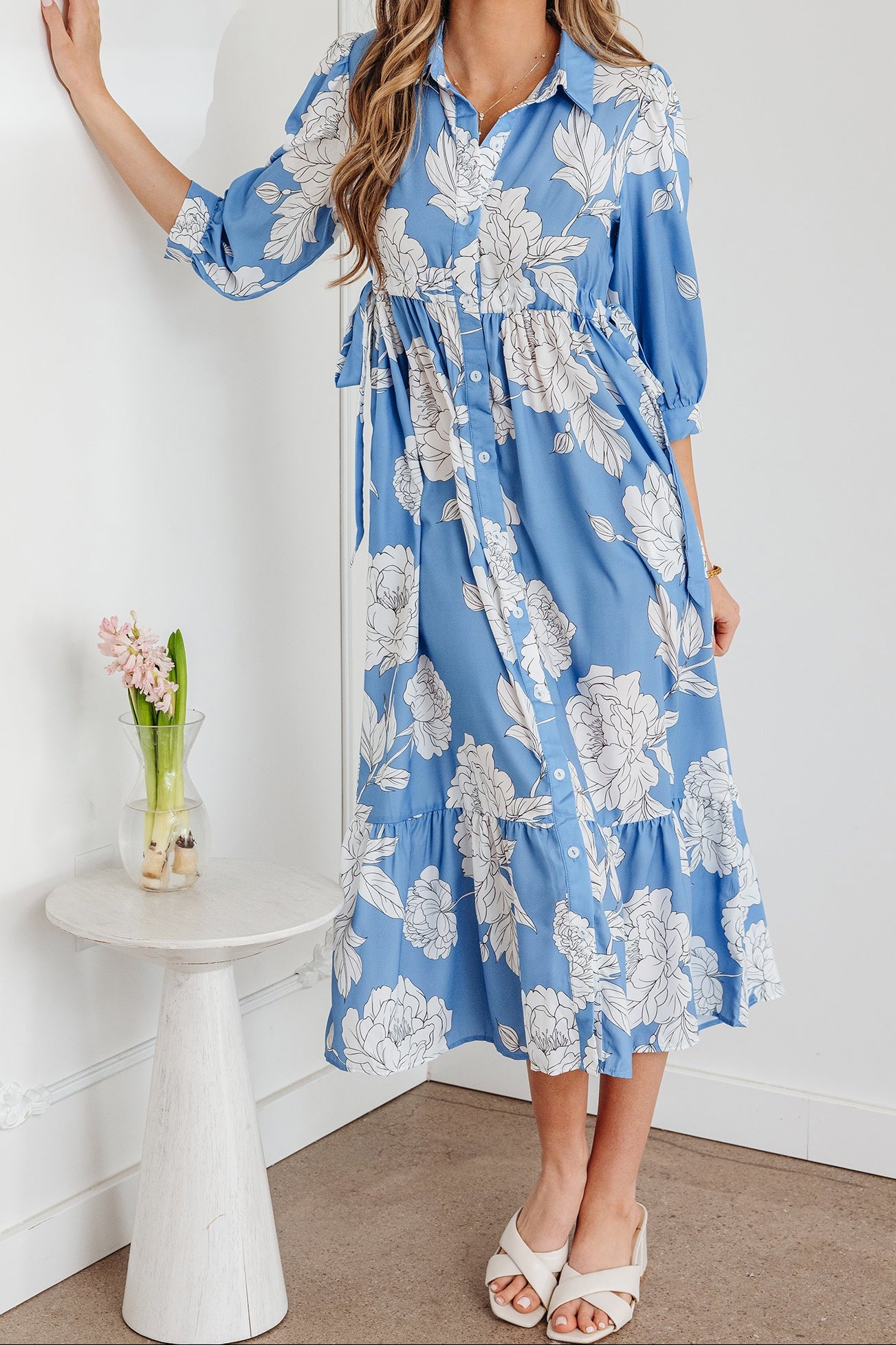 Elodie Sky Blue Floral Button Front Midi Dress