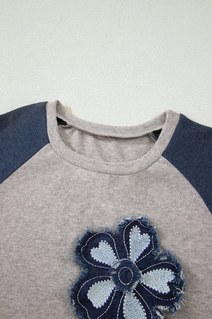 Floral Appliqué Raglan Sleeve Top – Casual Contrast Sleeve Everyday Tee