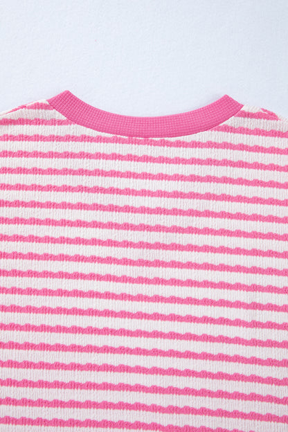 Pink Striped V-Neck Short Sleeve Knit Top – Casual Everyday Sweater Top