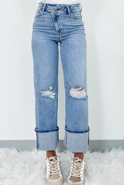 Women’s High Rise Asymmetric Button Distressed Jeans – Dusk Blue