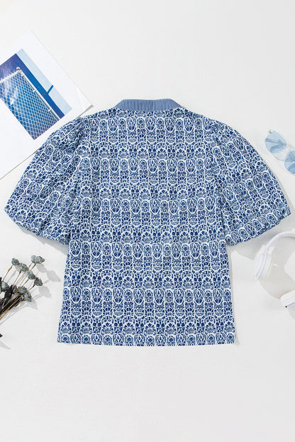 Printed Puff Sleeve Blouse – Striped Neckline Embroidered Trim Top
