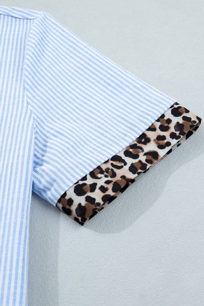 Leopard Contrast Collar Striped Blouse – Casual Everyday Button Front Top