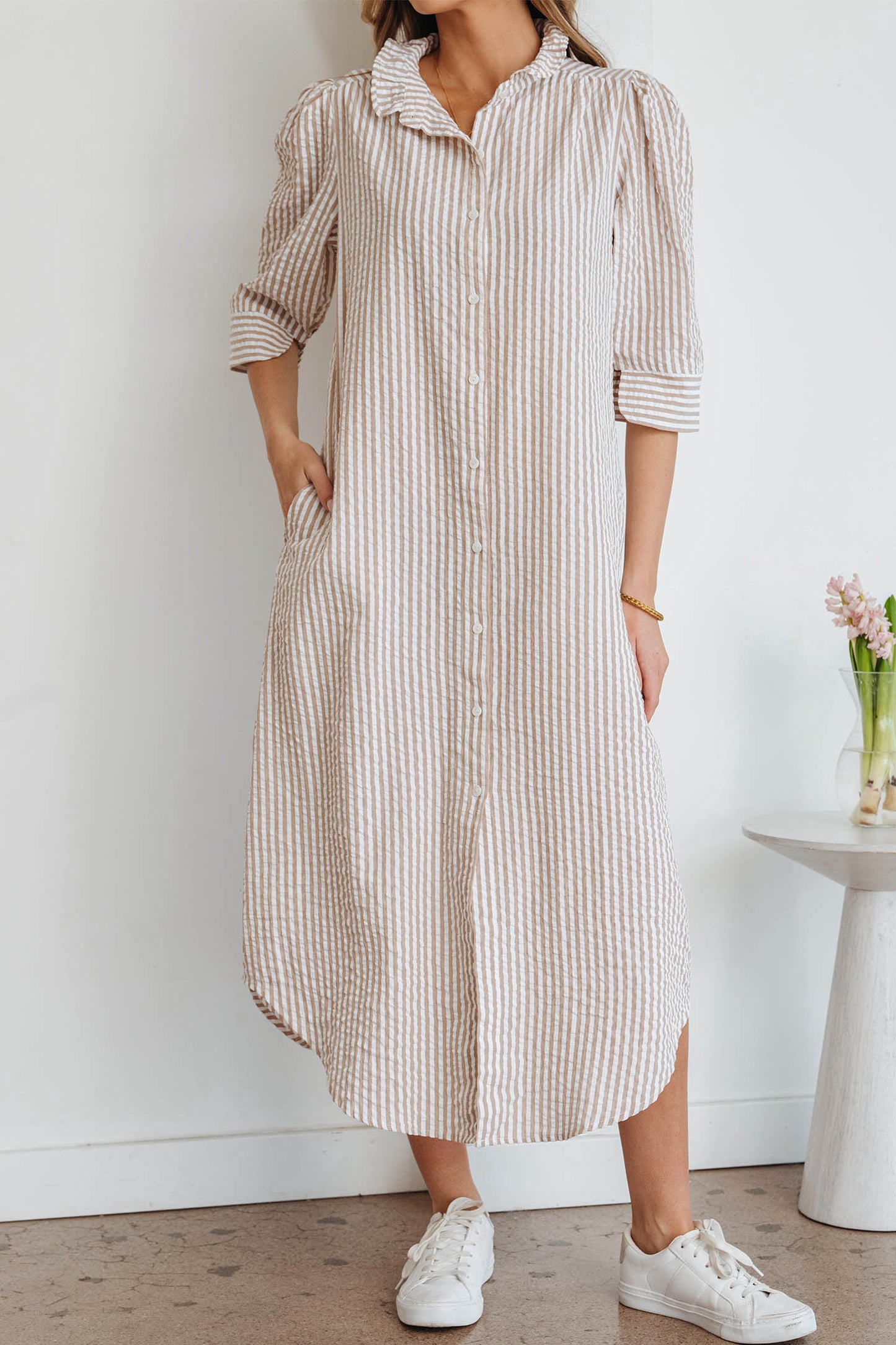 Khaki Striped Button Down Shirt Maxi Dress with Pockets