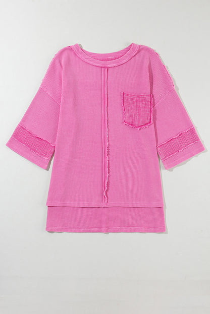 Bright Pink Mineral Wash Oversized Textured Bracelet Sleeve Top