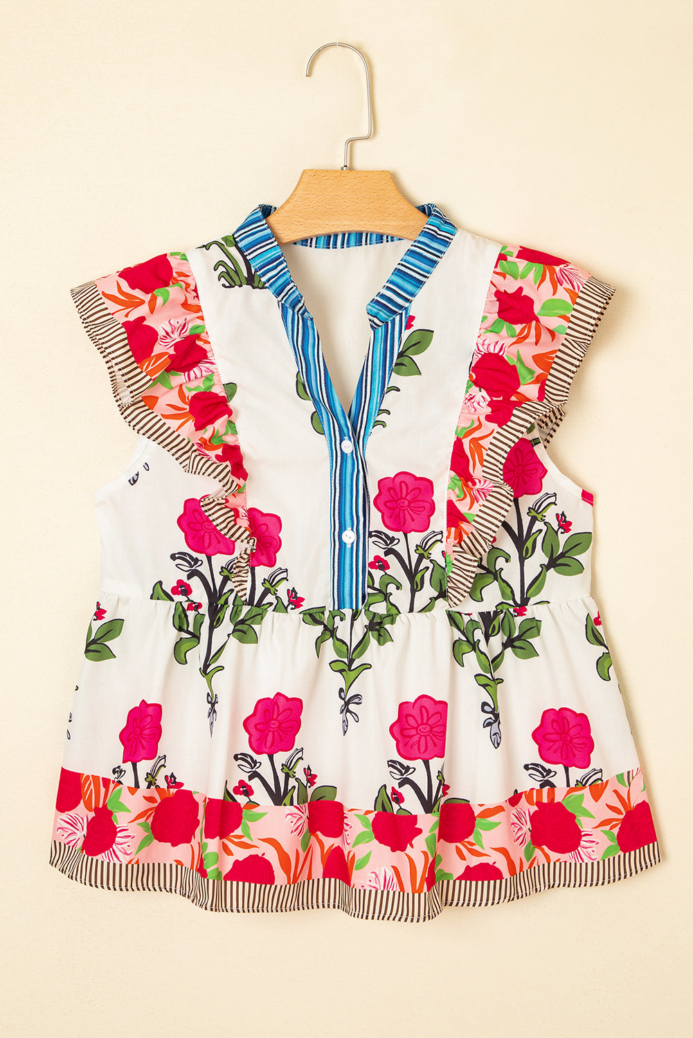 Floral Ruffle Sleeve Babydoll Blouse – Contrast Trim Feminine Everyday Top