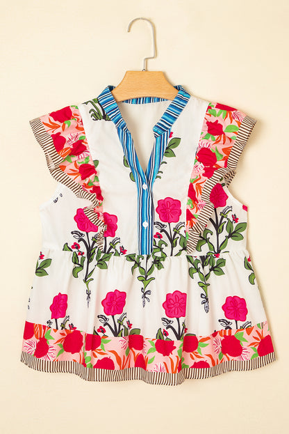 Floral Ruffle Sleeve Babydoll Blouse – Contrast Trim Feminine Everyday Top