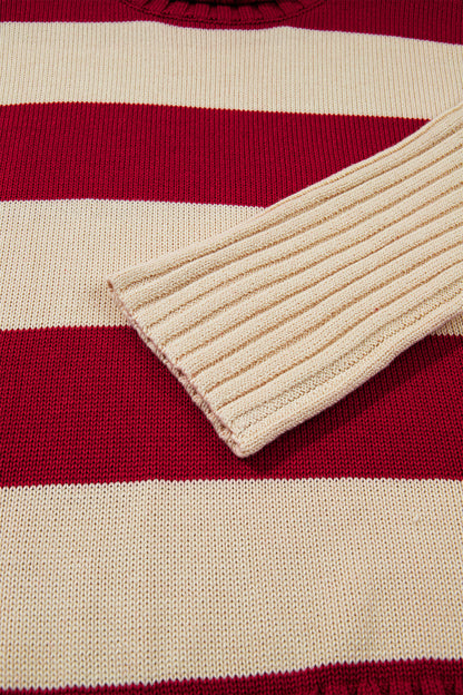 Red Striped Turtleneck Sweater – Relaxed Ribbed Knit Pullover