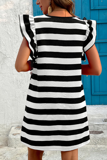 Round Neck Ruffle Sleeve Striped Mini Dress