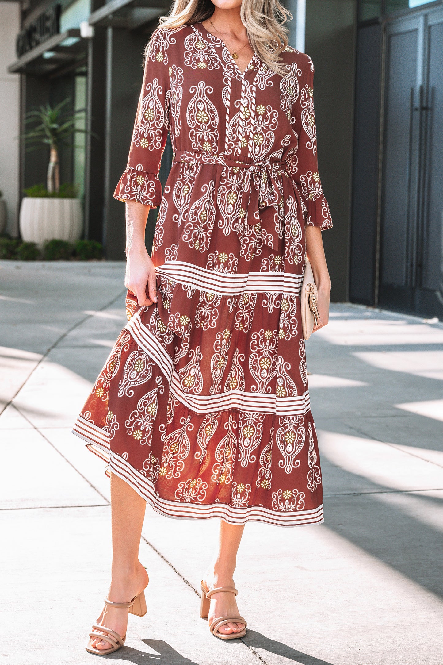 Rust Paisley 3/4 Flutter Sleeve Tie Waist Boho Maxi Dress