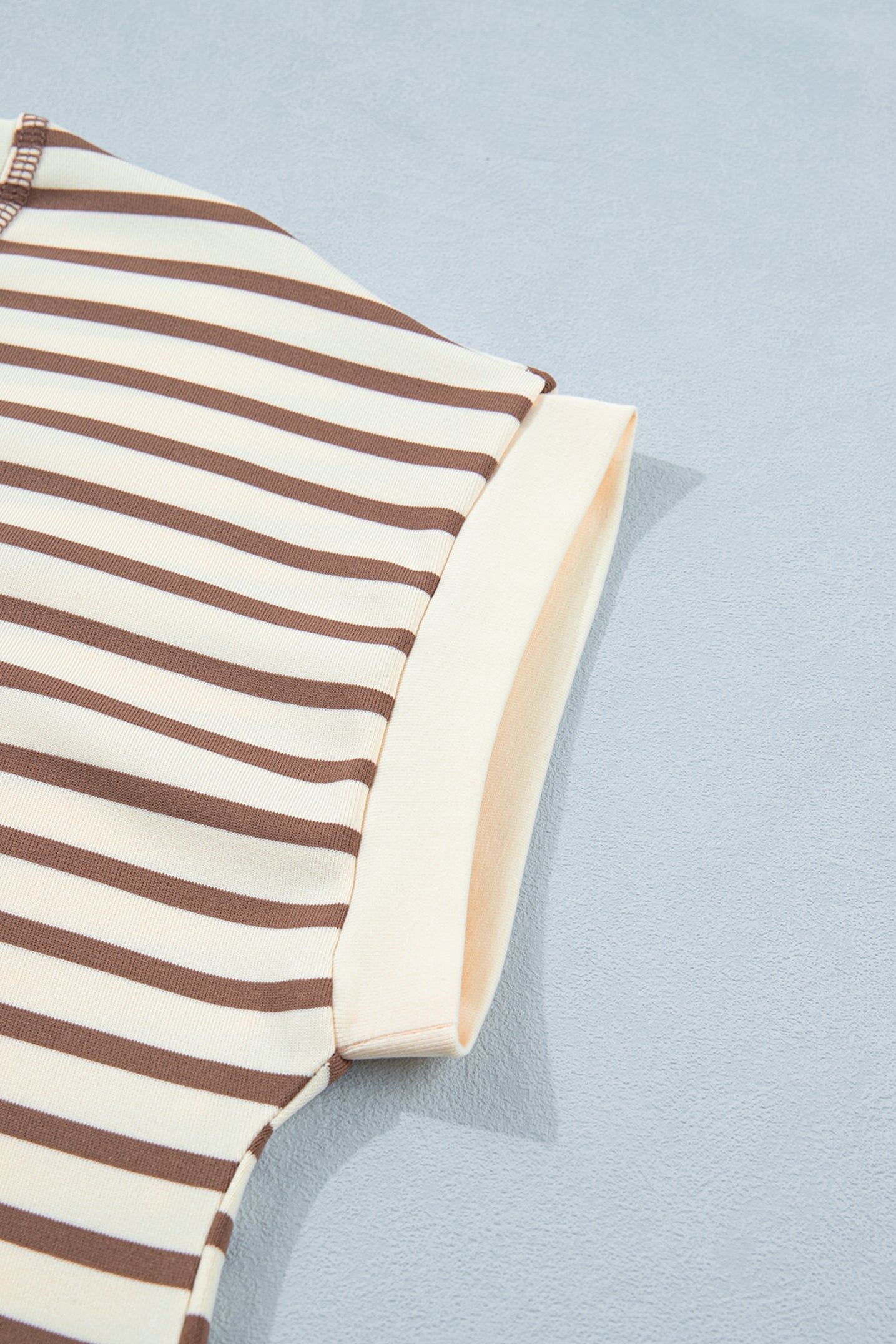 Cream Mocha Striped Henley Top – Short Sleeve Casual Blouse