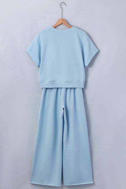Mist Blue Loose Tee & Wide Leg Pants Set