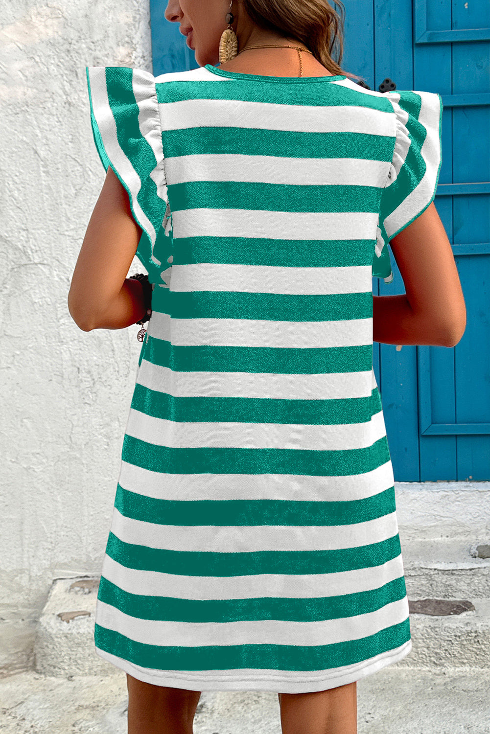 Round Neck Ruffle Sleeve Striped Mini Dress