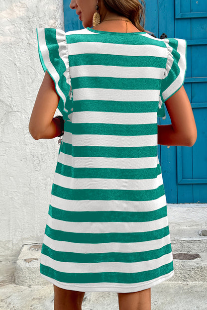 Round Neck Ruffle Sleeve Striped Mini Dress
