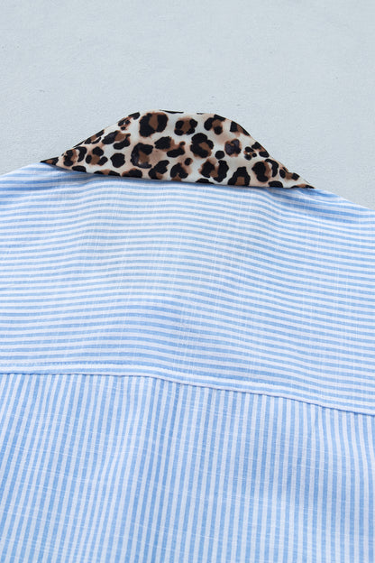 Leopard Contrast Collar Striped Blouse – Casual Everyday Button Front Top