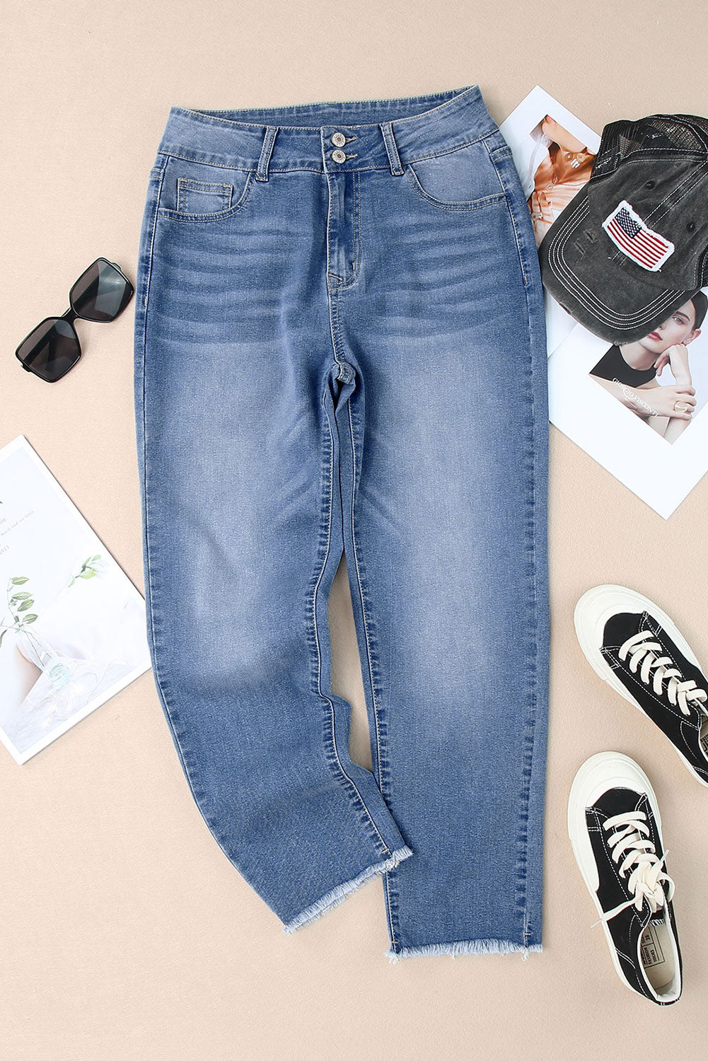Light Wash Blue High Rise Double Button Straight Leg Jeans – Raw Hem Denim