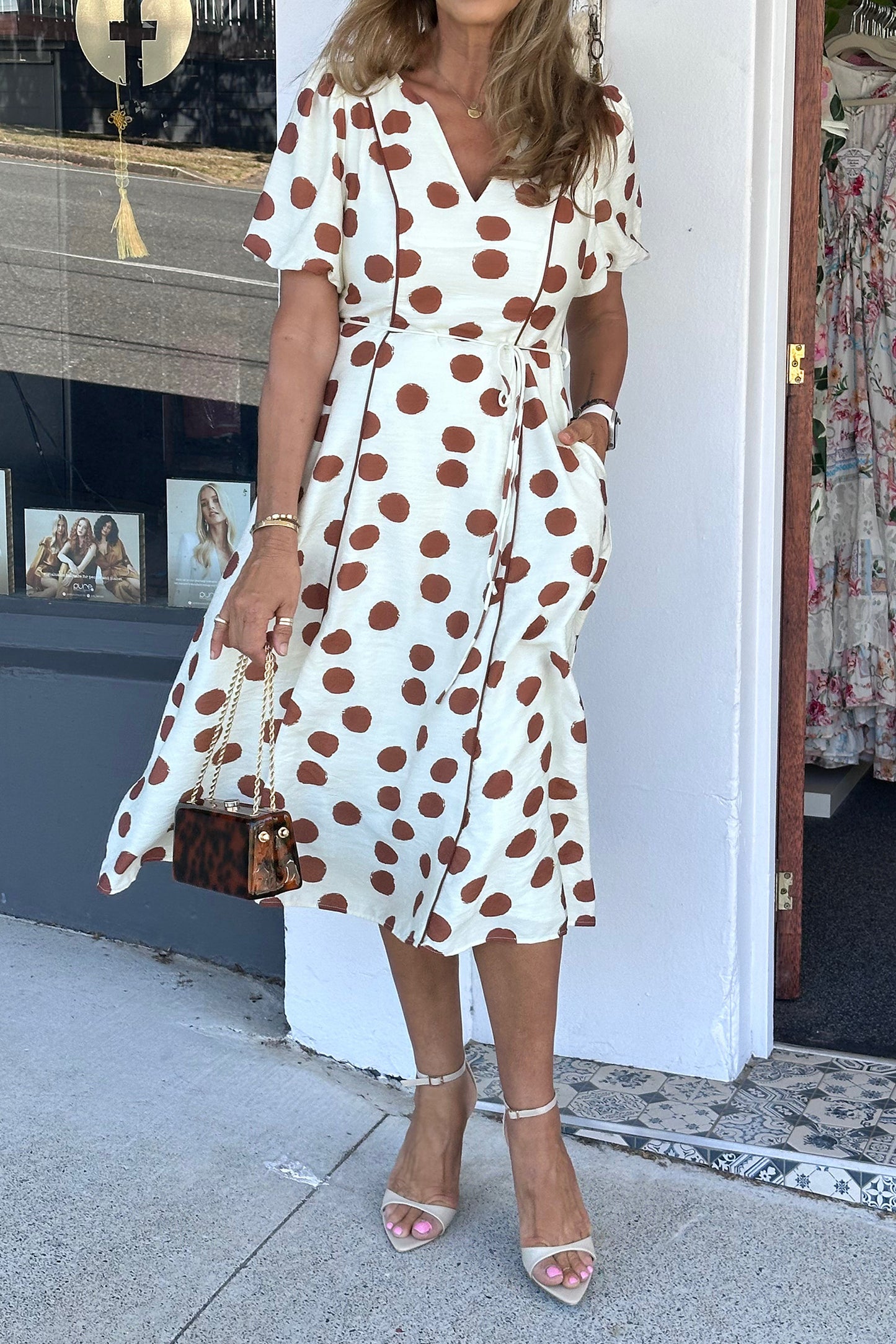 White Brown Polka Dot V-Neck Tie Waist Midi Dress