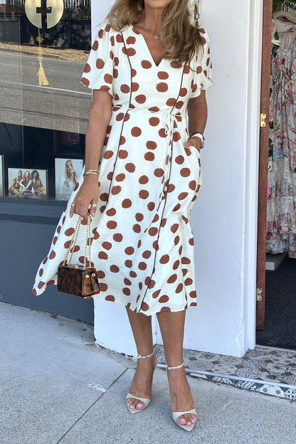 White Brown Polka Dot V-Neck Tie Waist Midi Dress