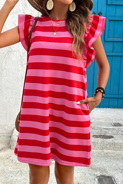 Round Neck Ruffle Sleeve Striped Mini Dress